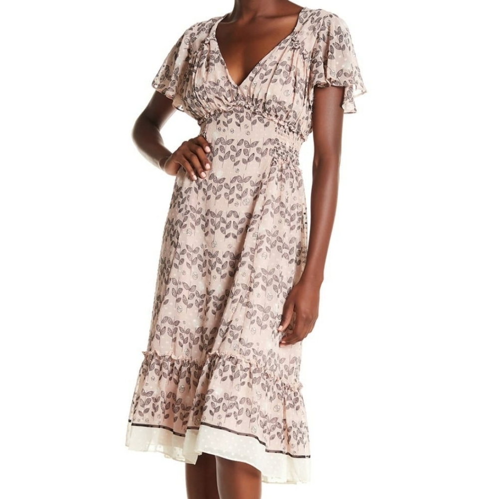V-Neck Flutter Sleeve Midi Dress Women